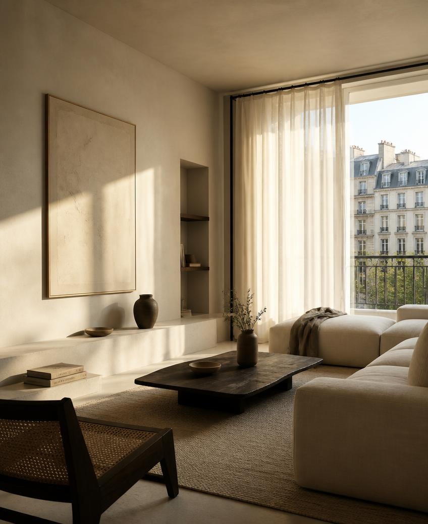 Minimalist apartment interior in warm daylight