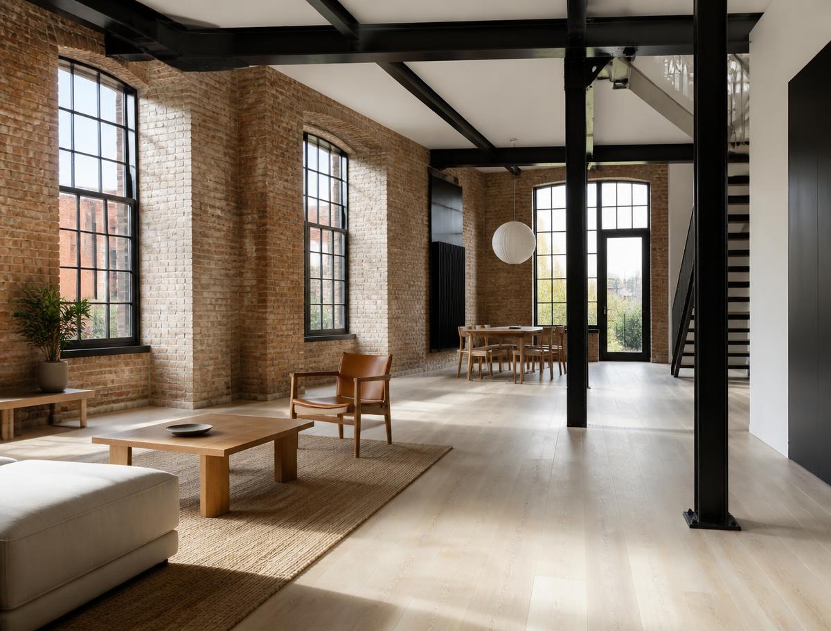 Converted loft with exposed brick and pale oak floors