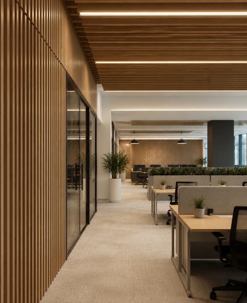 Contemporary office interior with oak slat walls