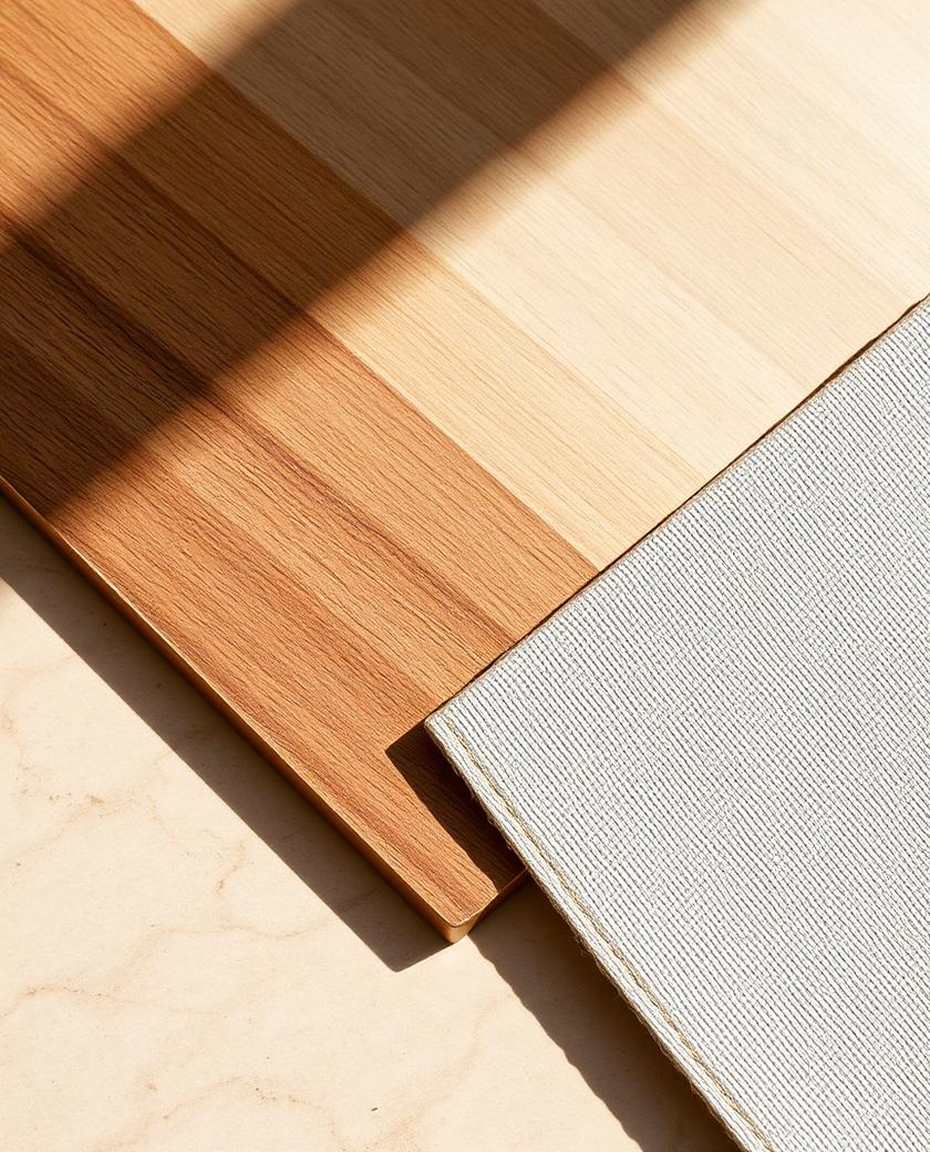 Material palette of oak, stone and linen